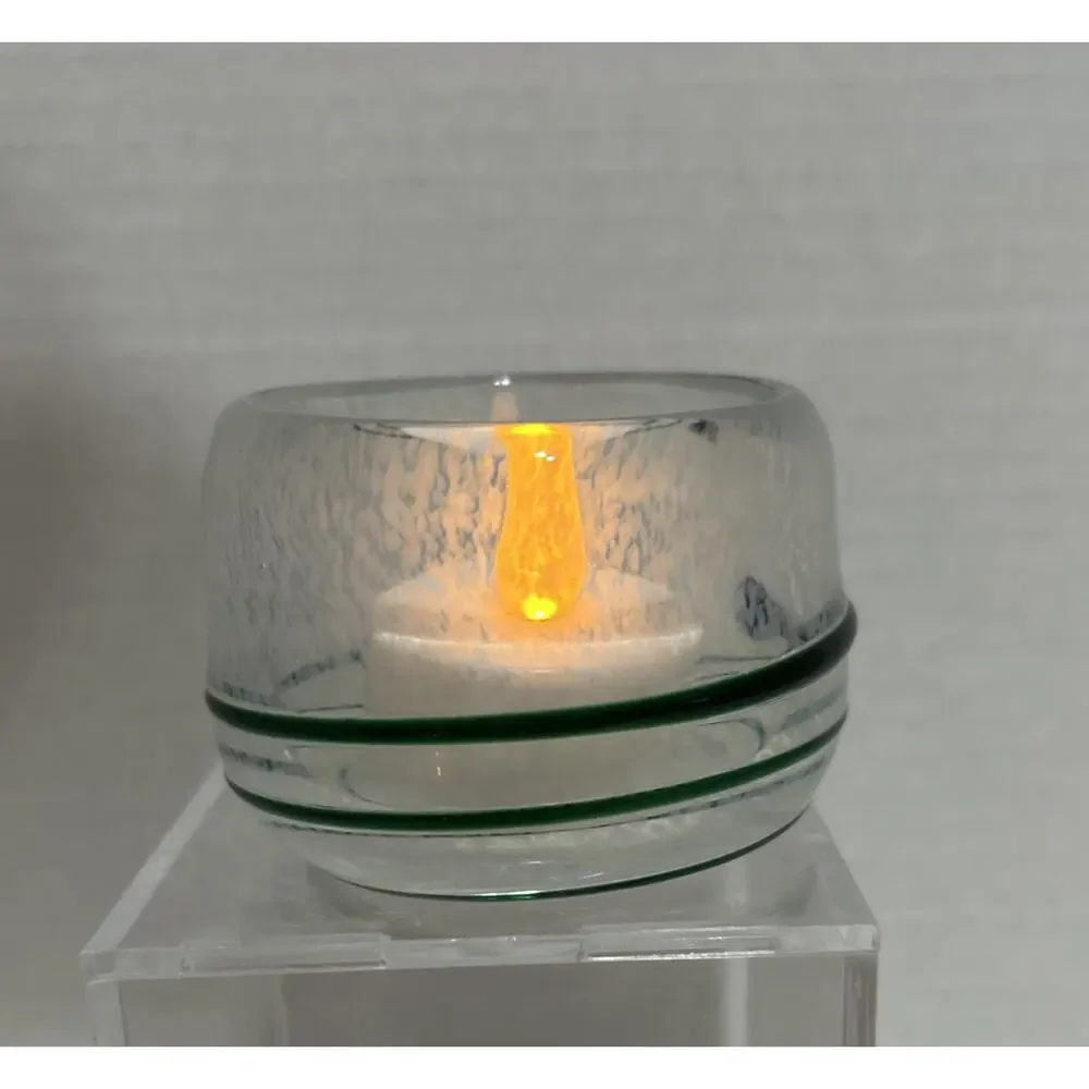 2 Hand Blown Studio Art Glass Votive Candle Holder Frosted Applied Green Orange